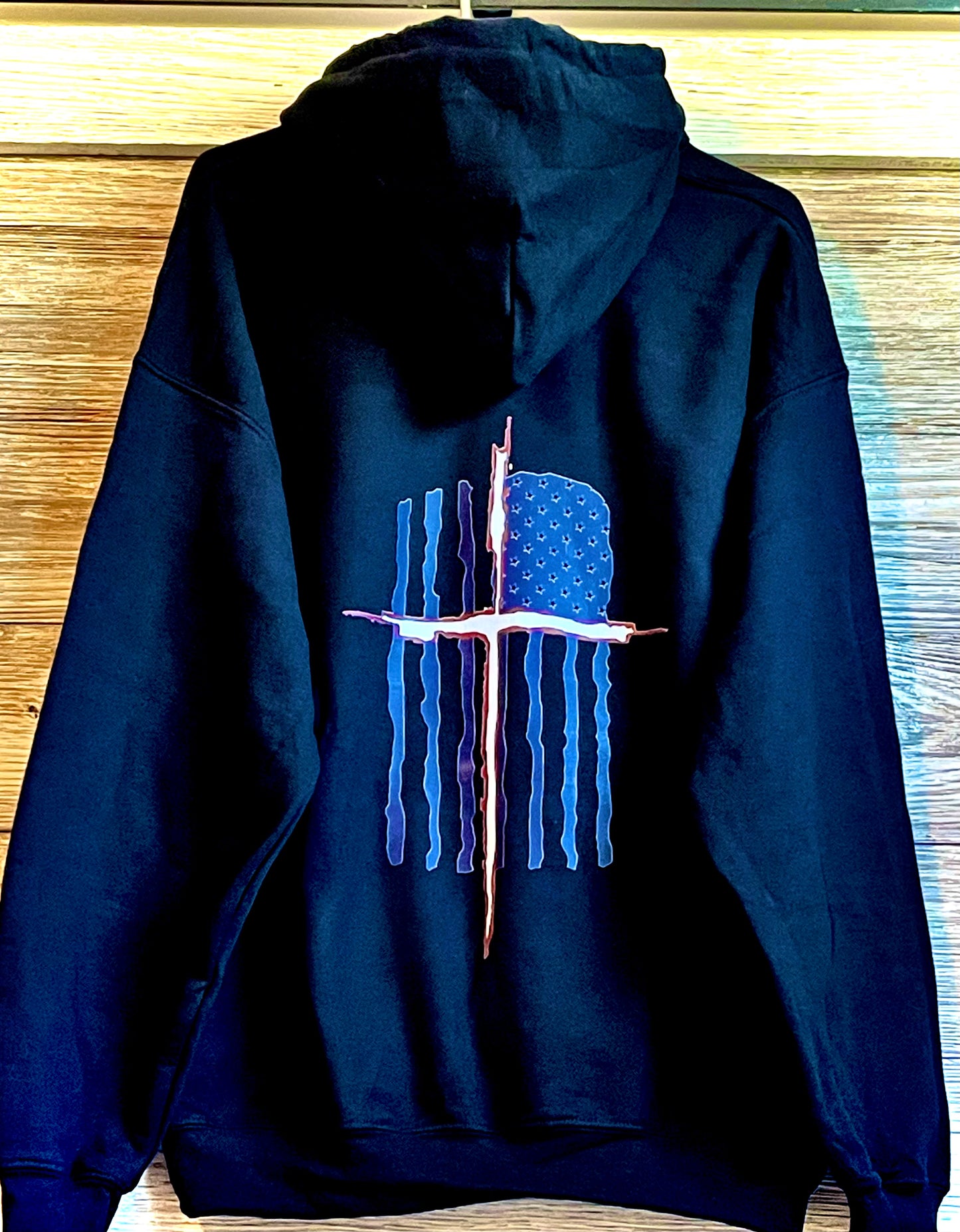 Back Hoodie - American Flag with White and Red Cross