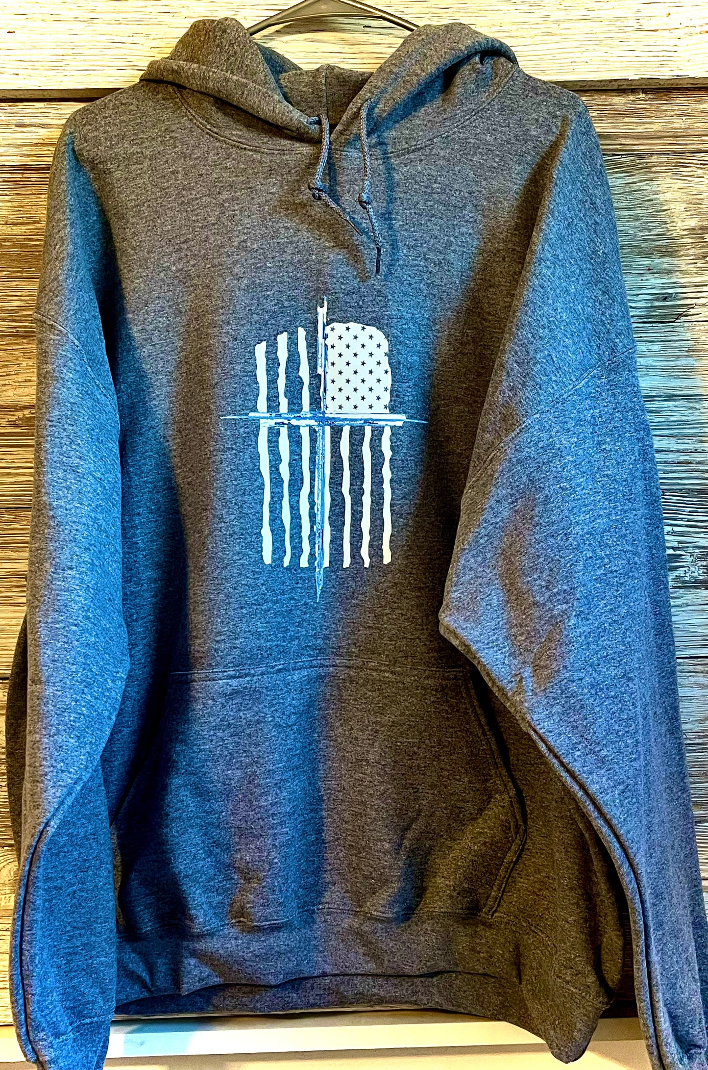 Front Hoodie - White American Flag and Cross
