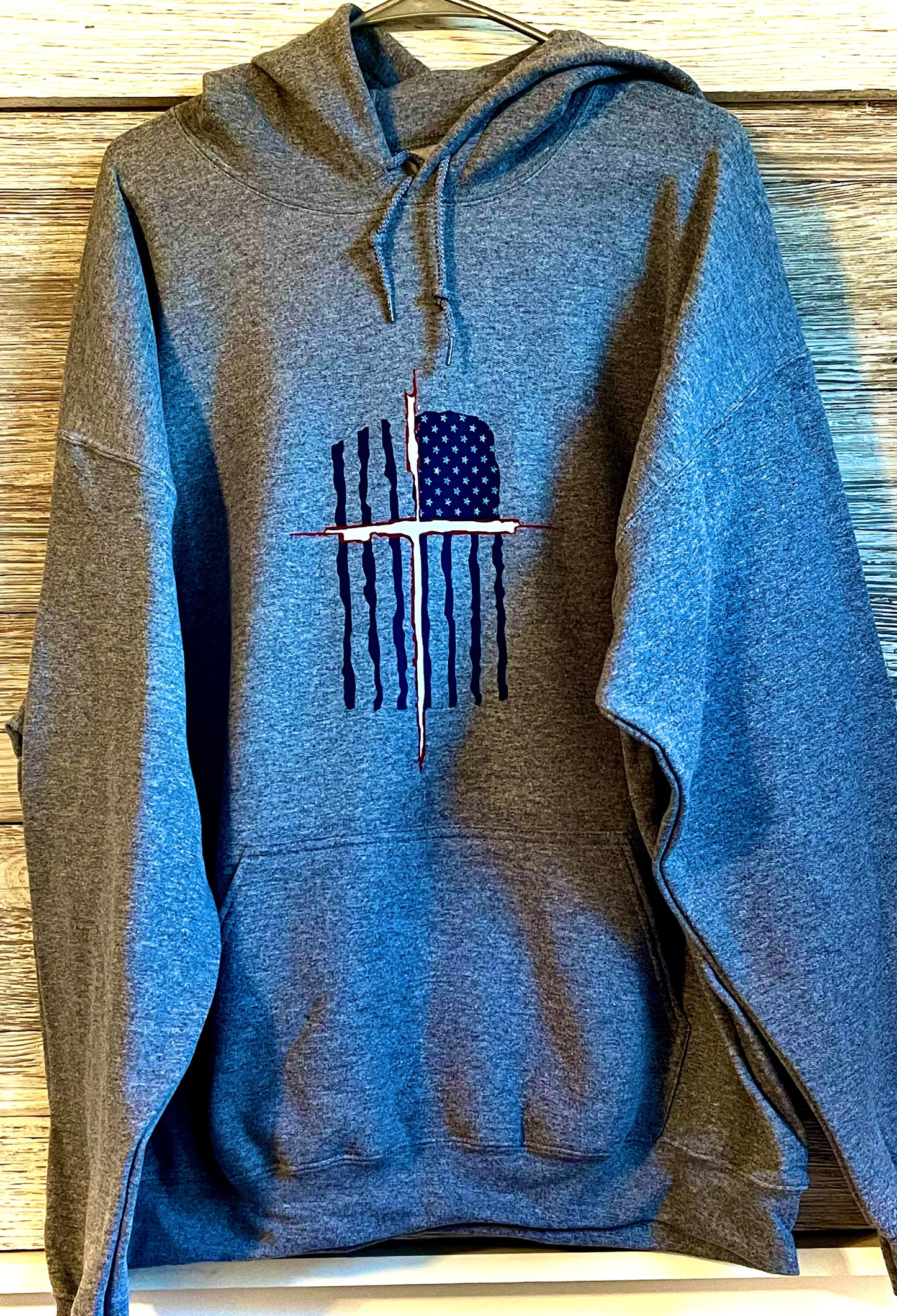 Front Hoodie - American Flag with White and Red Cross