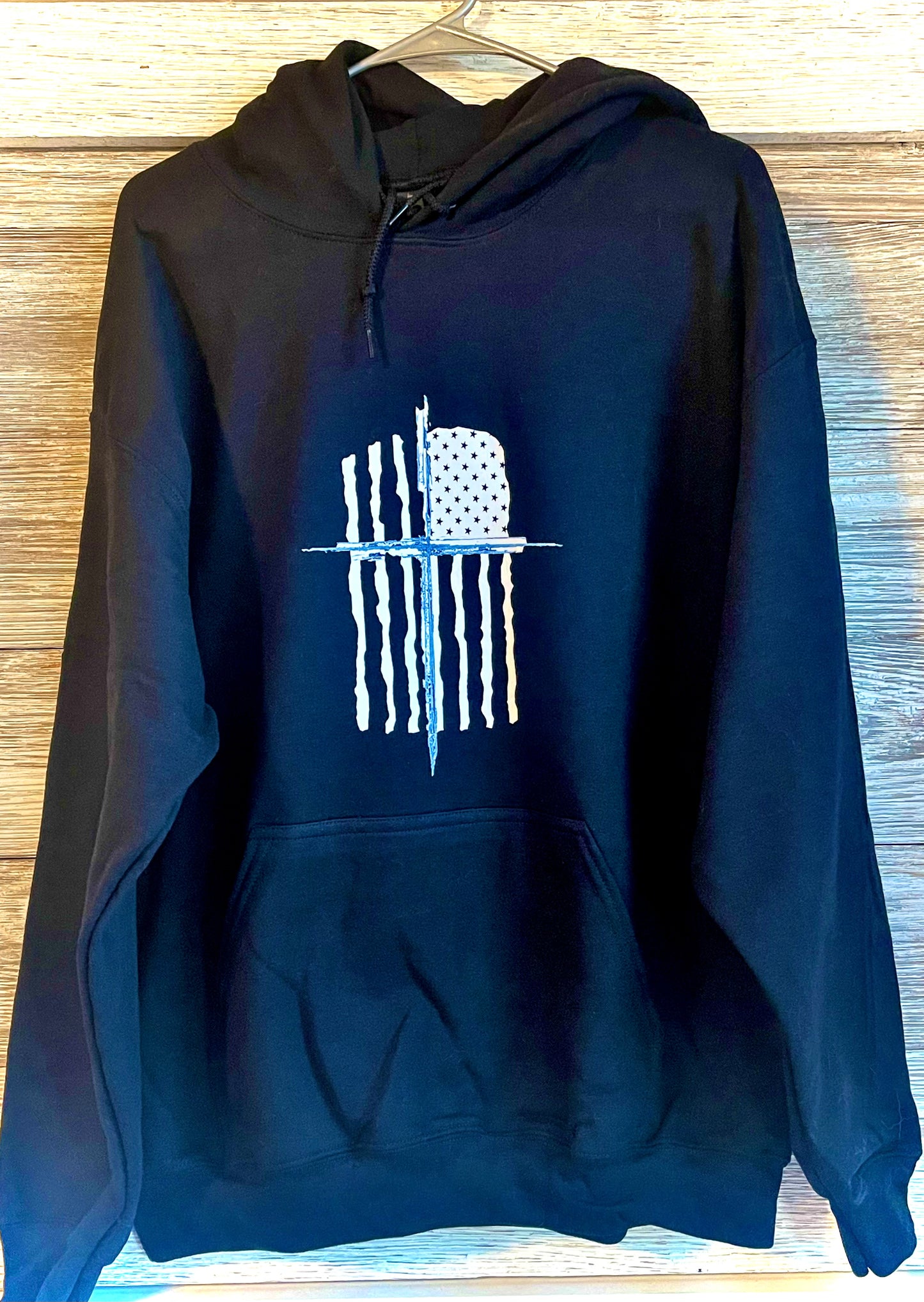 Front Hoodie - White American Flag and Cross
