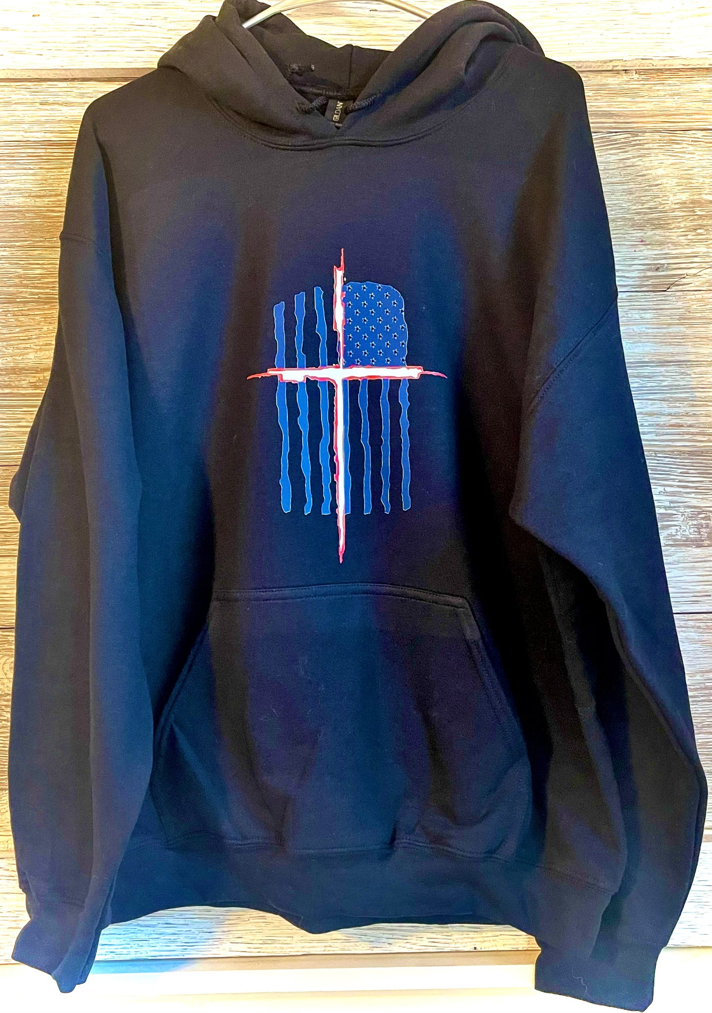 Front Hoodie - American Flag with White and Red Cross