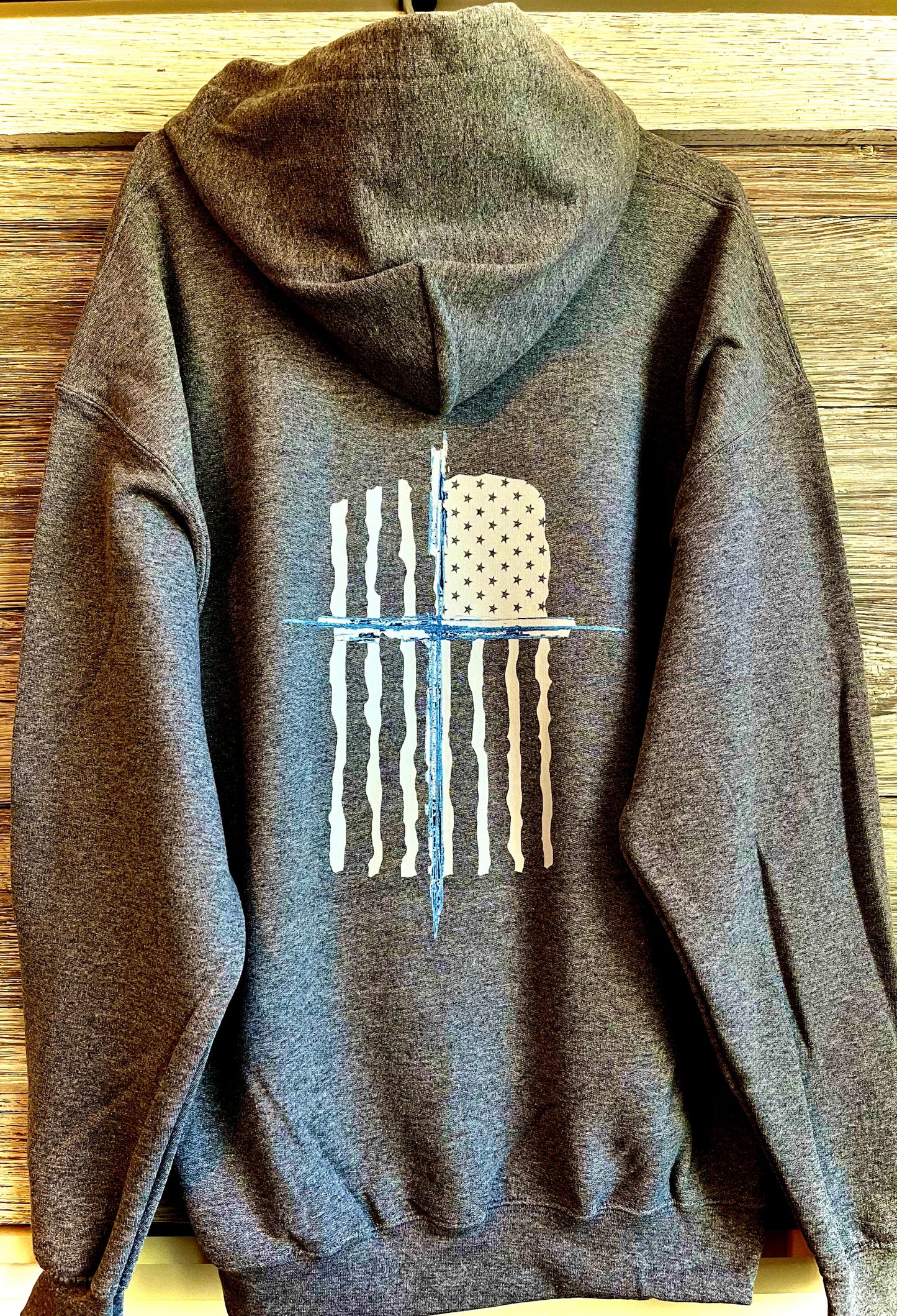 Back Hoodie - White American Flag and Cross