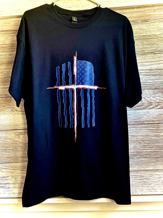 Men's T-Shirt - American Flag with White and Red Cross