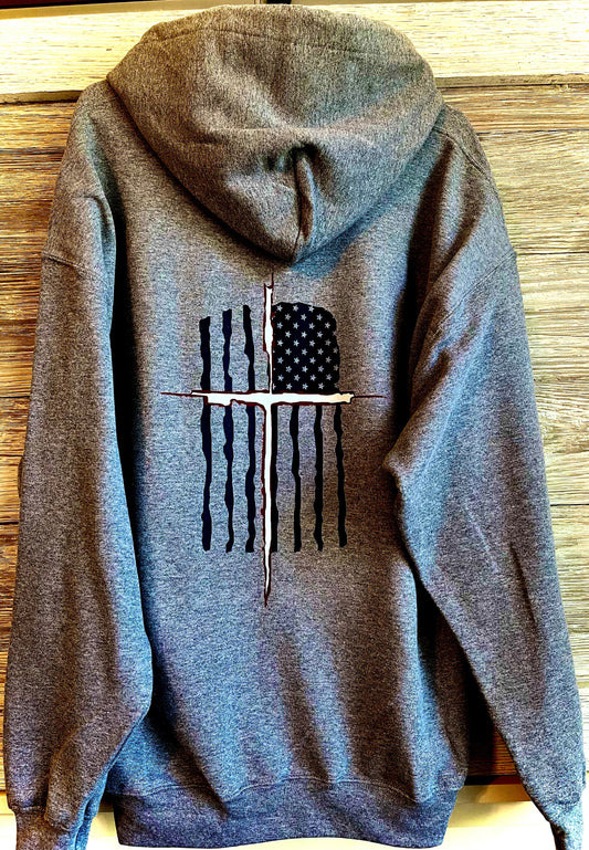 Back Hoodie - American Flag with White and Red Cross