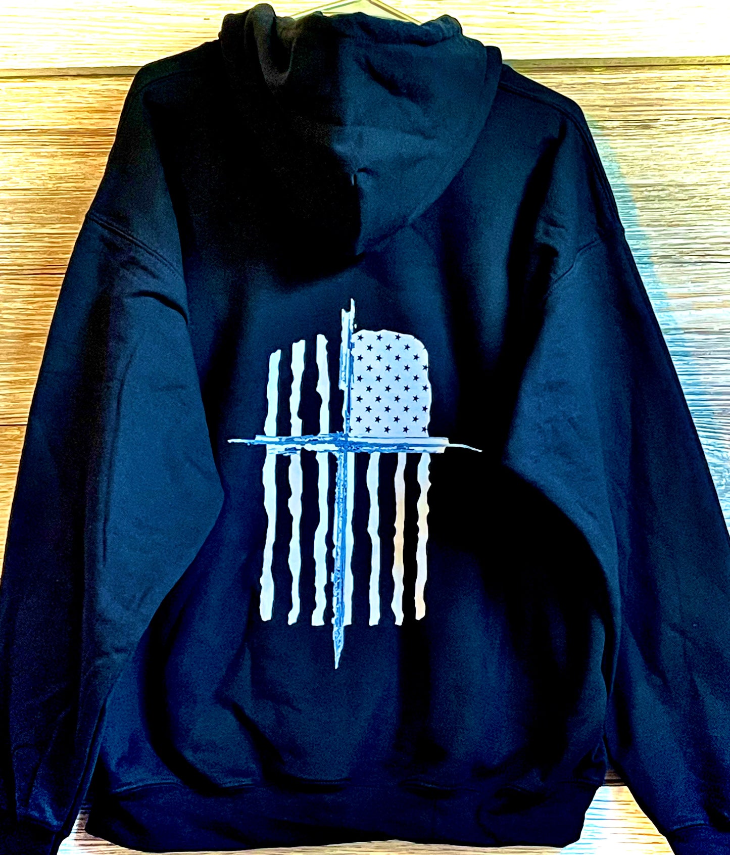Back Hoodie - White American Flag and Cross